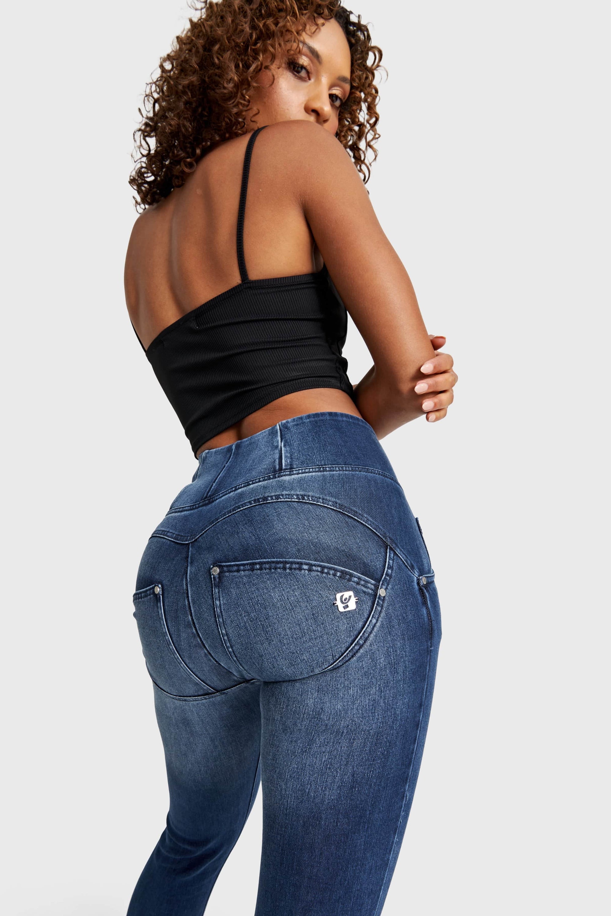 WR.UP® Snug Distressed Jeans - High Waisted - Full Length - Dark Blue + Blue Stitching 2