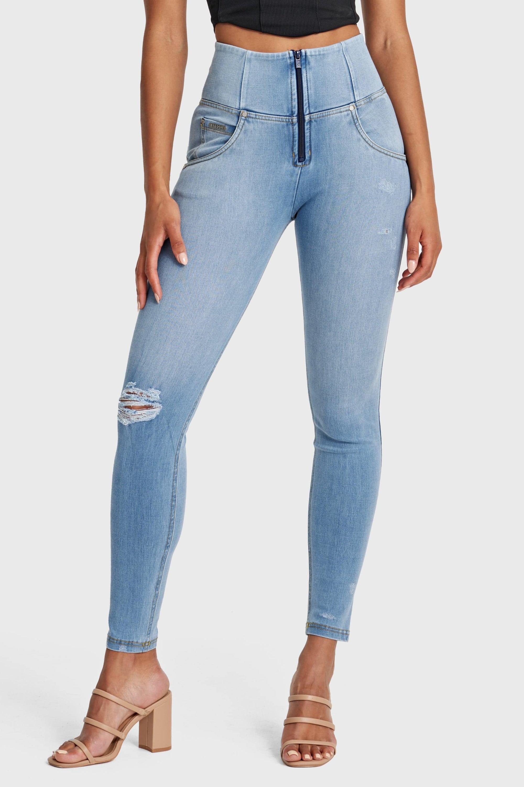 WR.UP® Snug Distressed Jeans - High Waisted - Full Length - Light Blue + Yellow Stitching 3