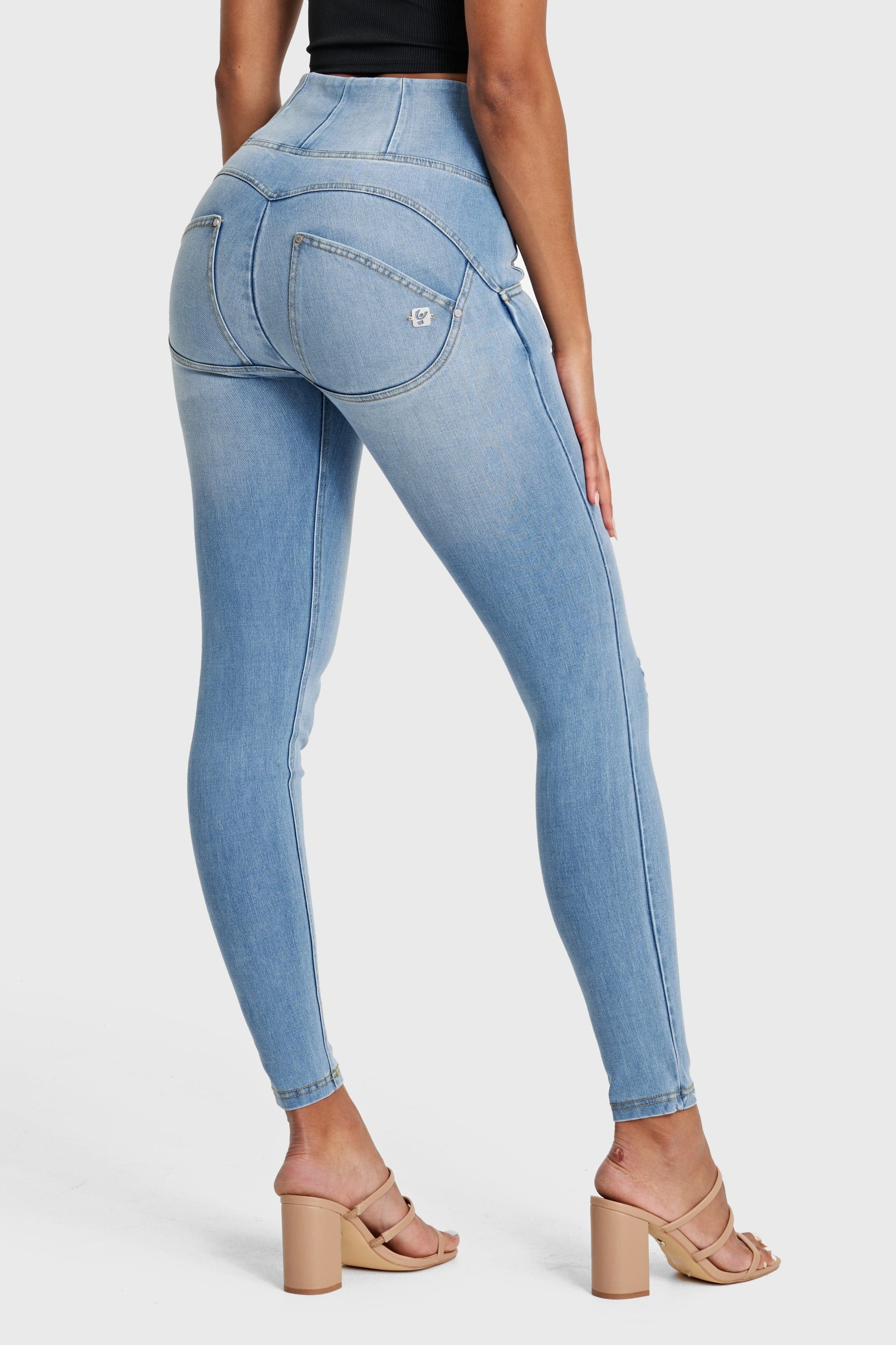 WR.UP® Snug Distressed Jeans - High Waisted - Full Length - Light Blue + Yellow Stitching 10