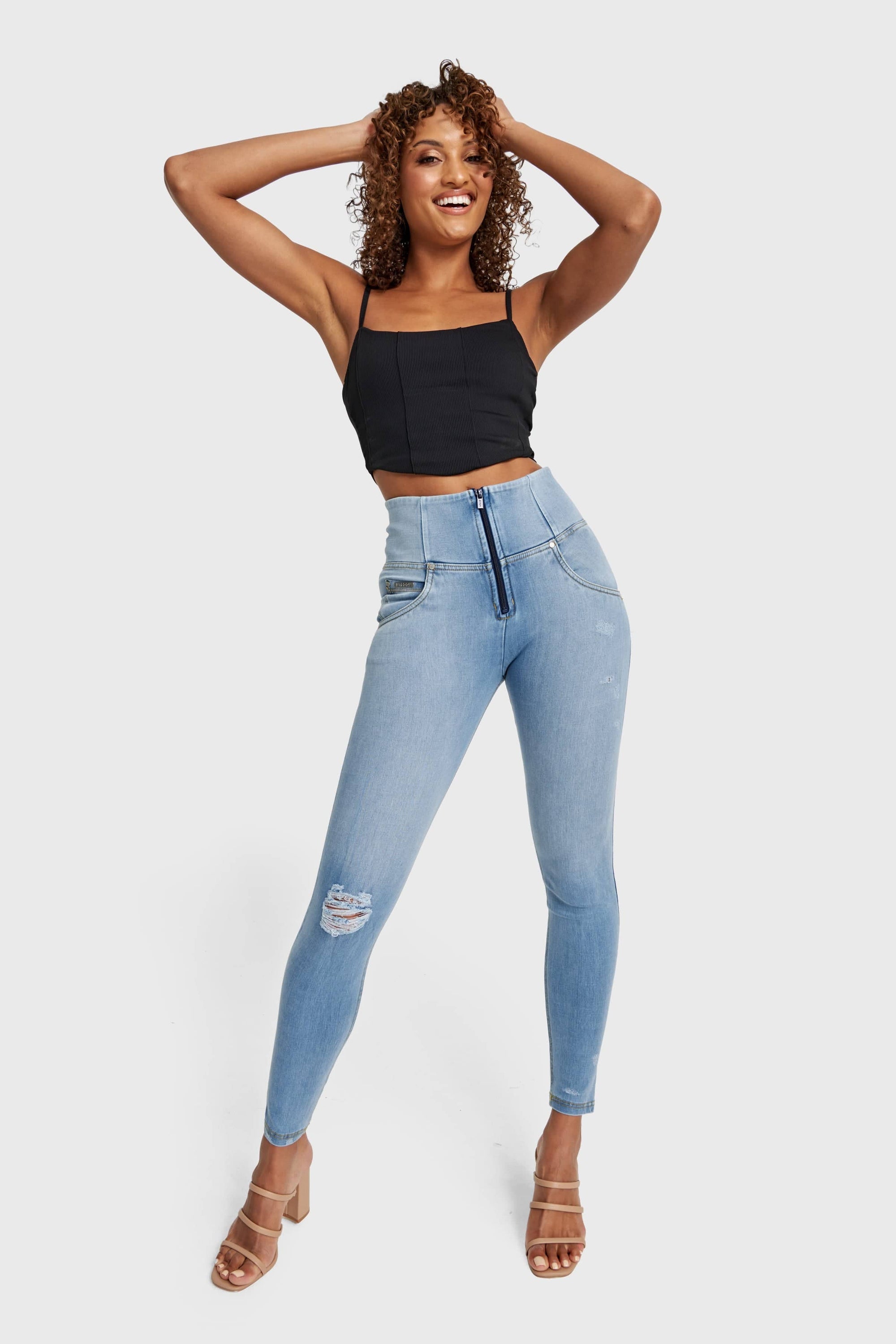WR.UP® Snug Distressed Jeans - High Waisted - Full Length - Light Blue + Yellow Stitching 5