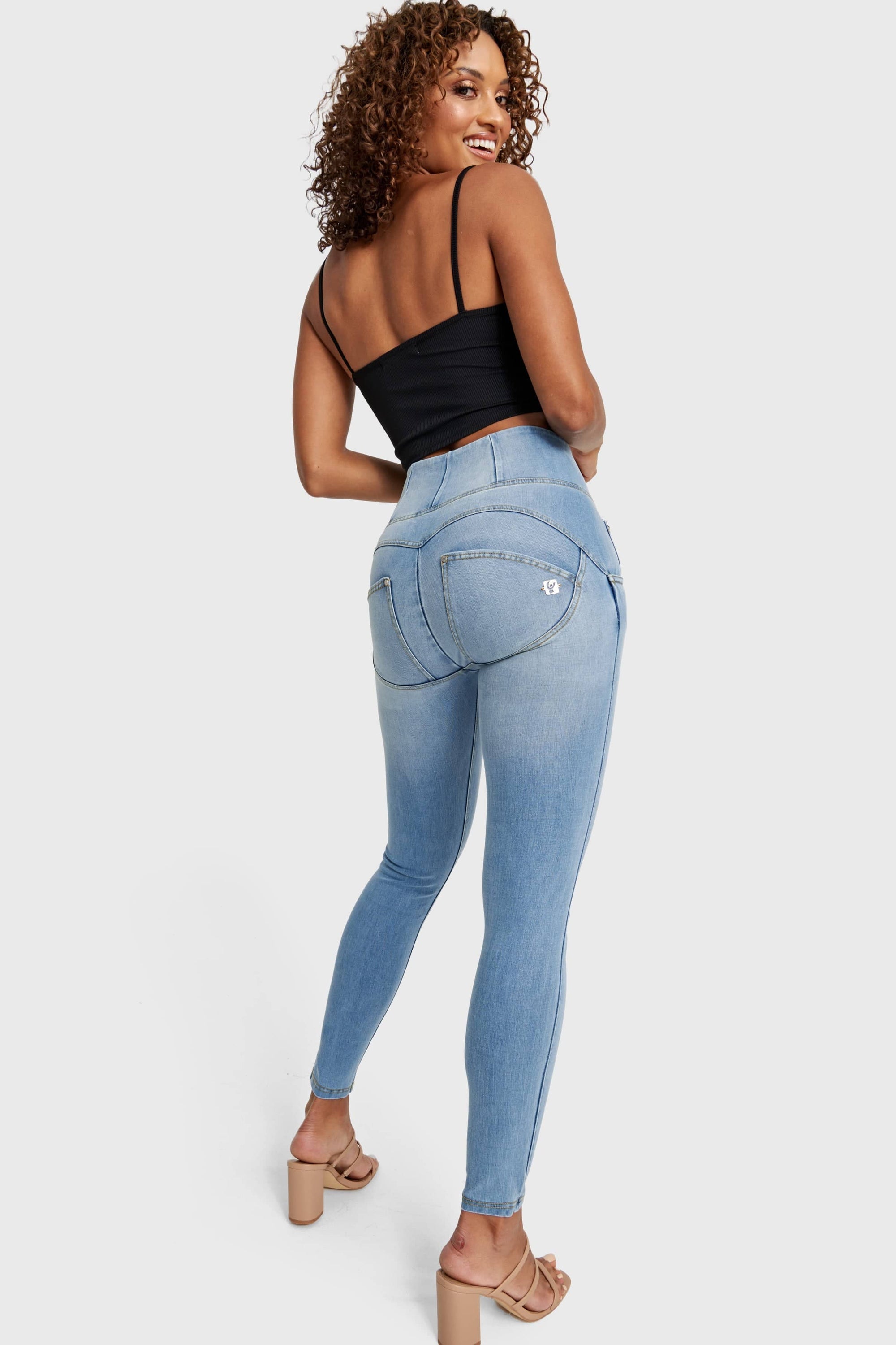 WR.UP® Snug Distressed Jeans - High Waisted - Full Length - Light Blue + Yellow Stitching 6