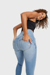 WR.UP® Snug Distressed Jeans - High Waisted - Full Length - Light Blue + Yellow Stitching 4