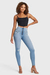 Jeans desgastados WR.UP® Snug - Cintura alta - Largo completo - Azul claro + Costuras amarillas  8