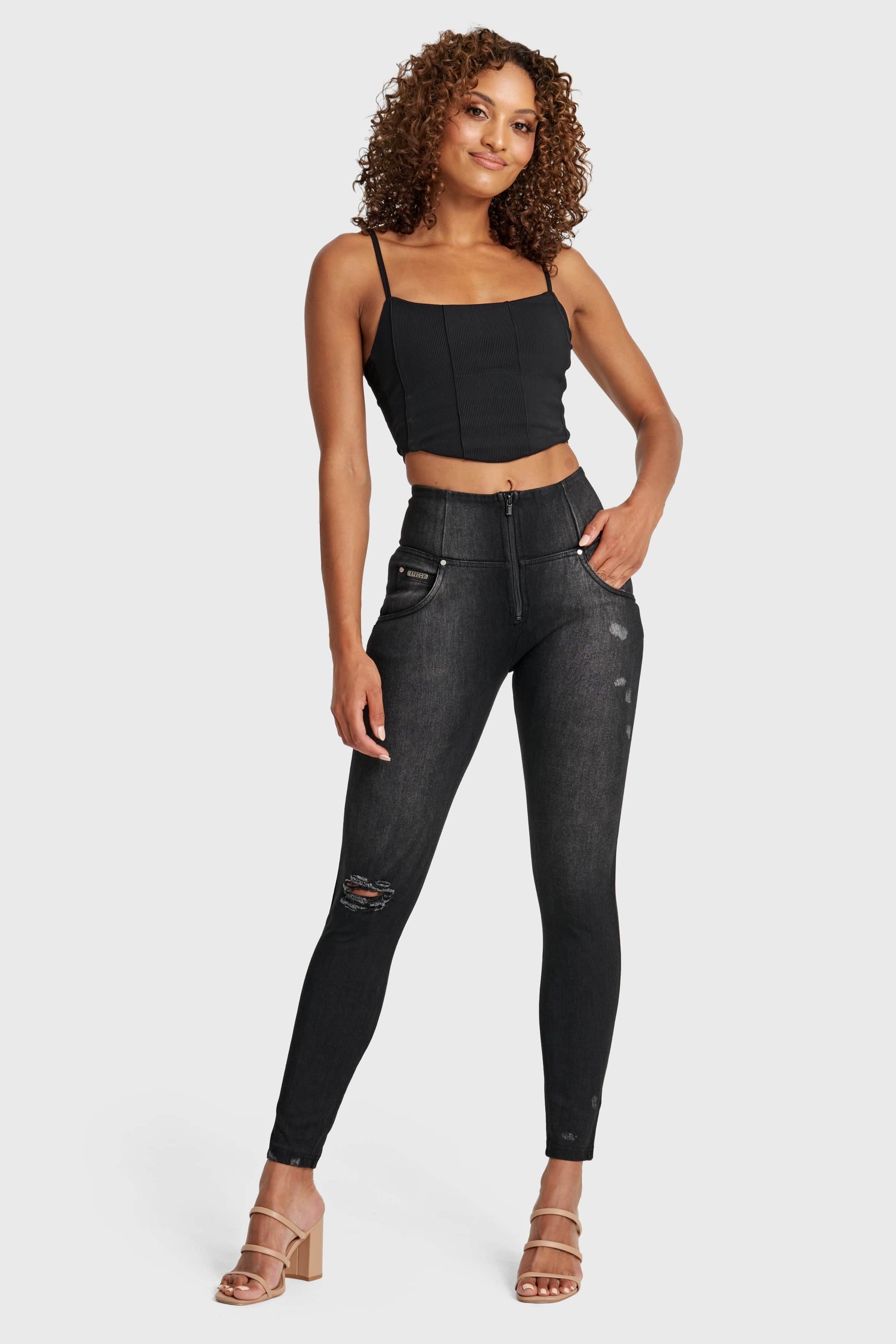 WR.UP® Snug Distressed Jeans - High Waisted - Full Length - Black + Black Stitching 7