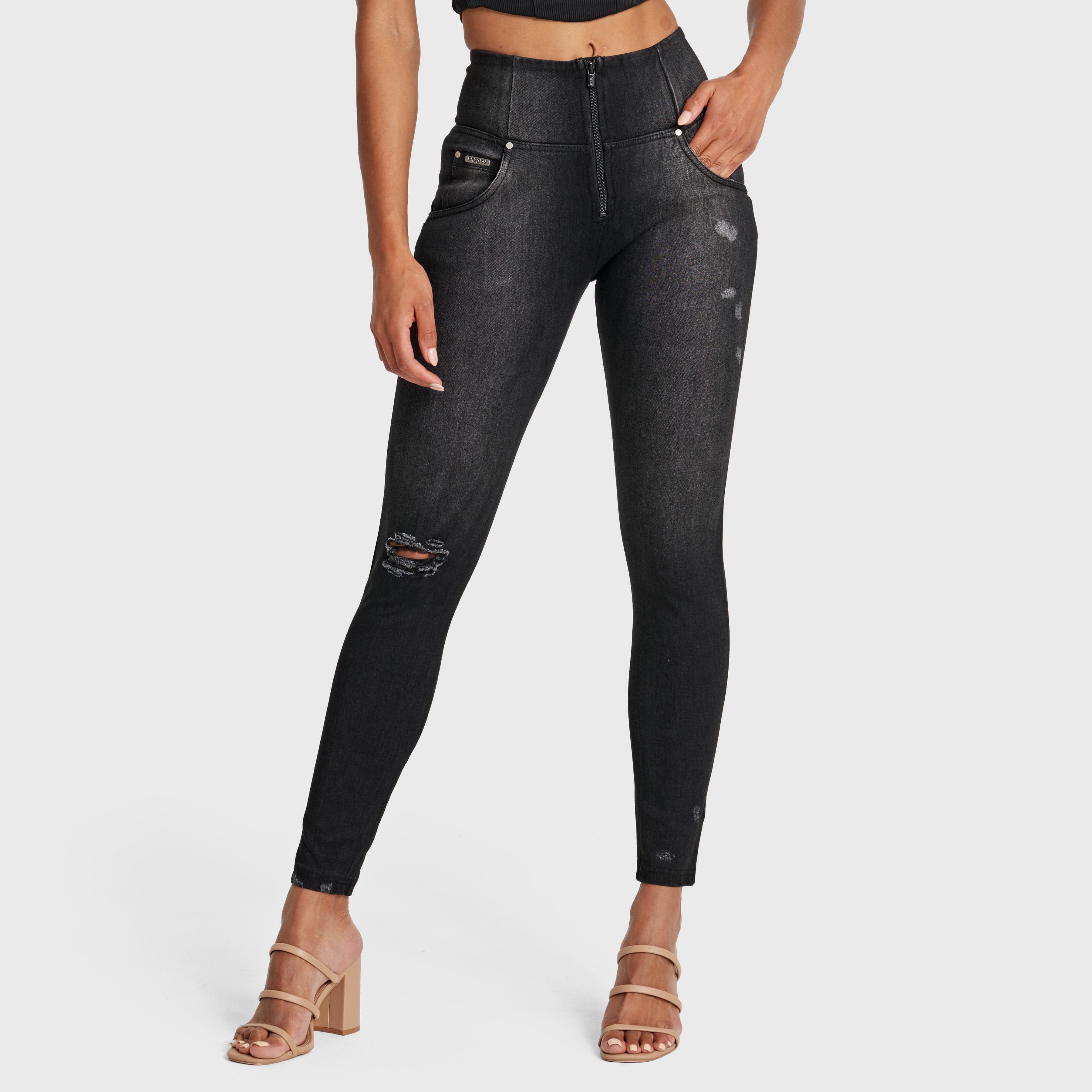WR.UP® Snug Distressed Jeans - High Waisted - Petite Length - Black + Black Stitching 2