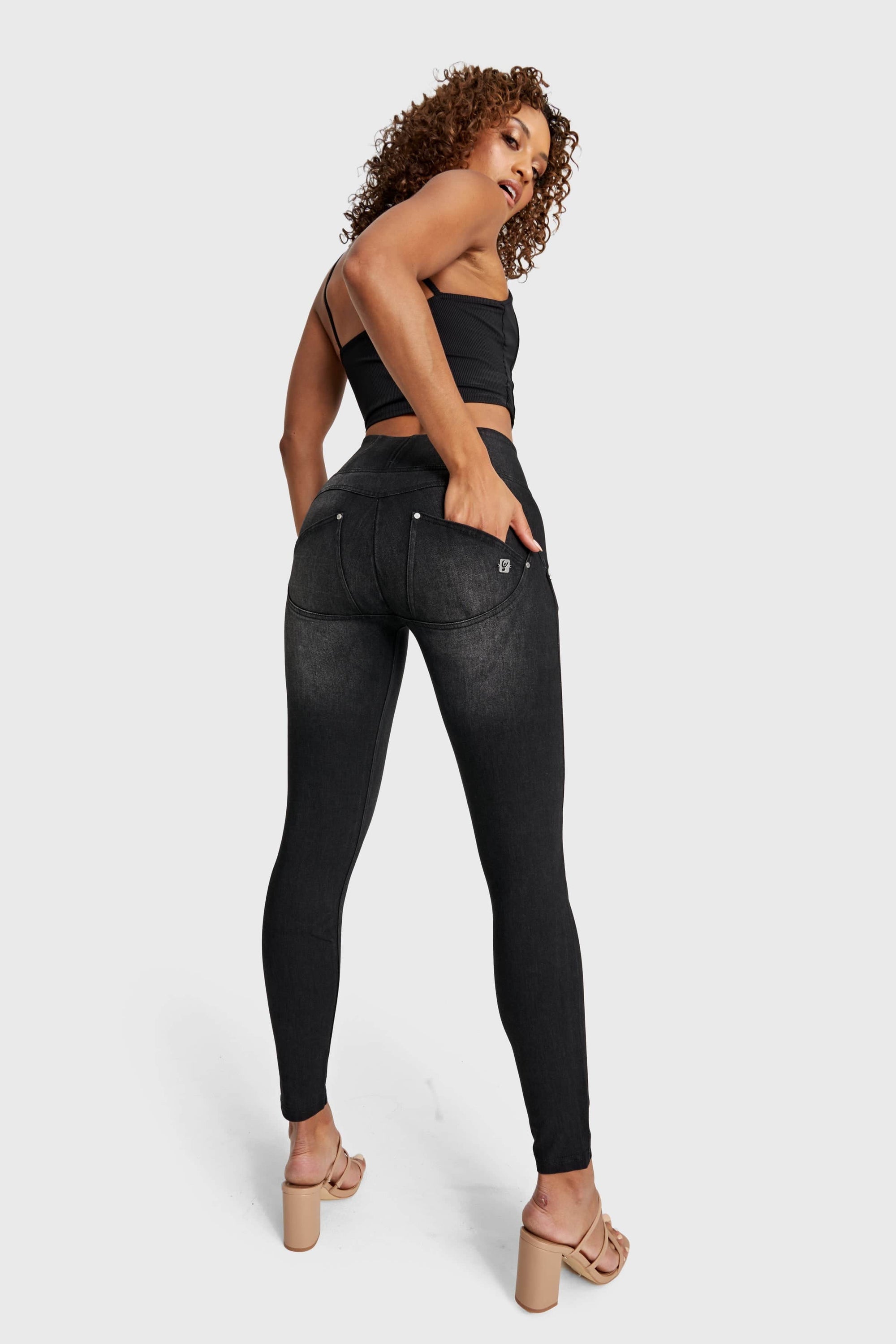 WR.UP® Snug Distressed Jeans - High Waisted - Full Length - Black + Black Stitching 5