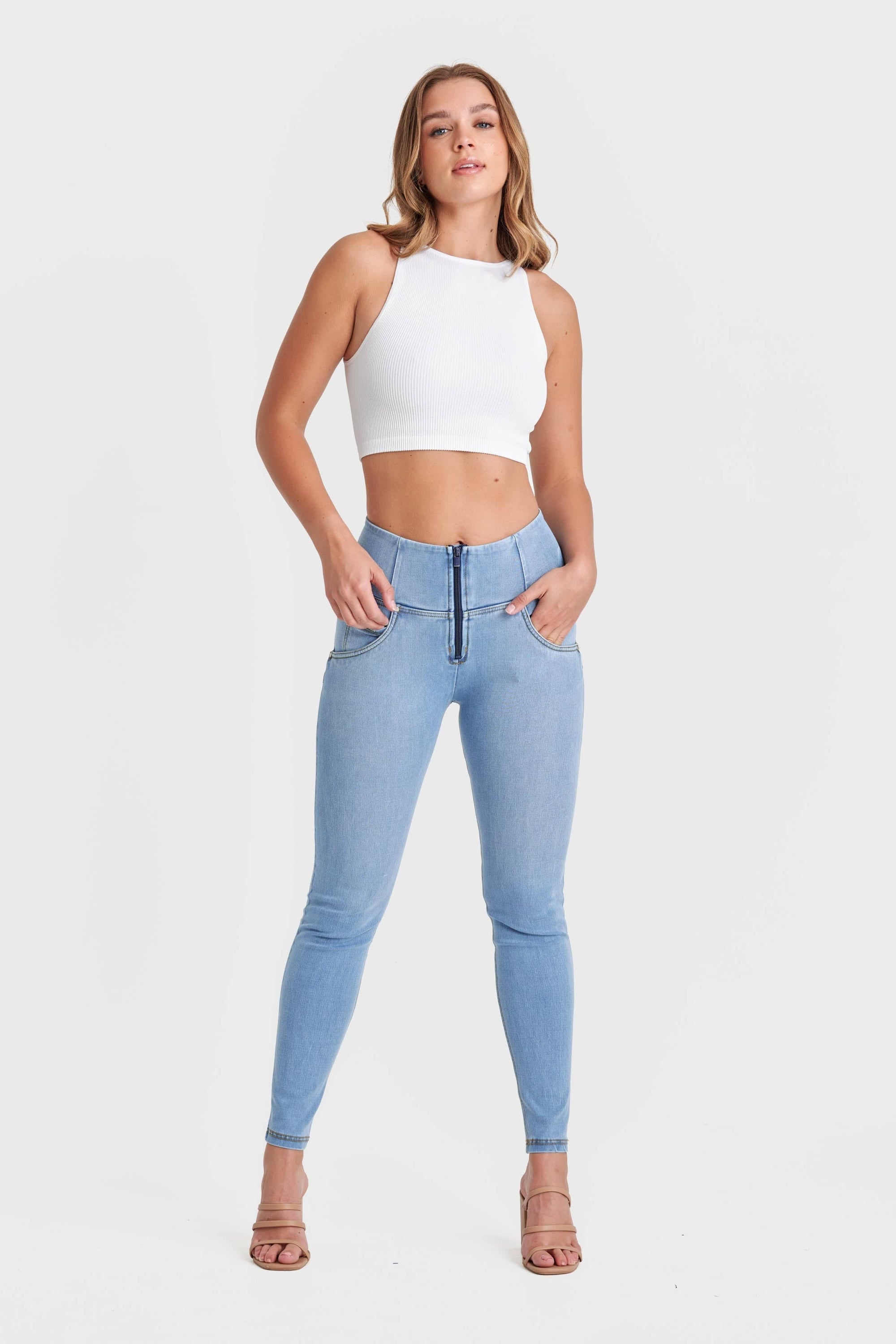 WR.UP® Snug Jeans - High Waisted - Full Length - Light Blue + Yellow Stitching 1