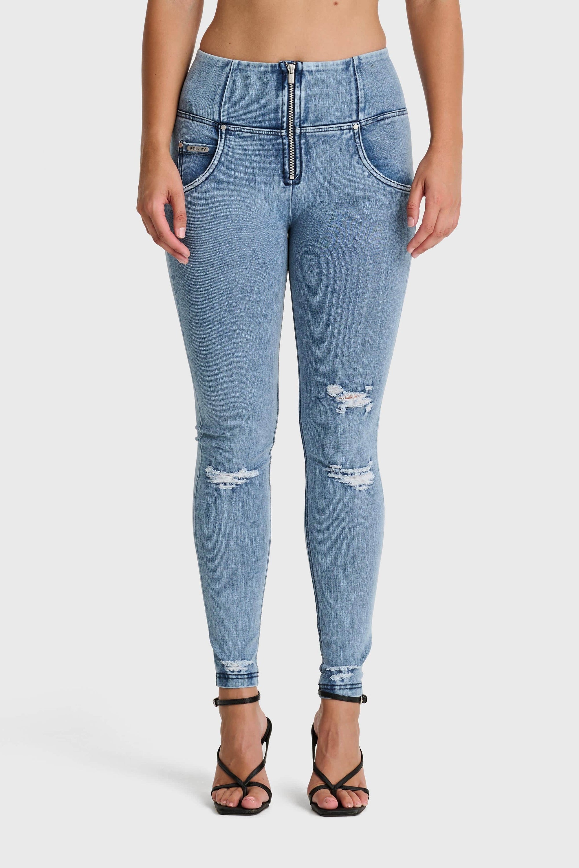 WR.UP® Snug Distressed Jeans - High Waisted - Full Length - Light Blue + Blue Stitching 1