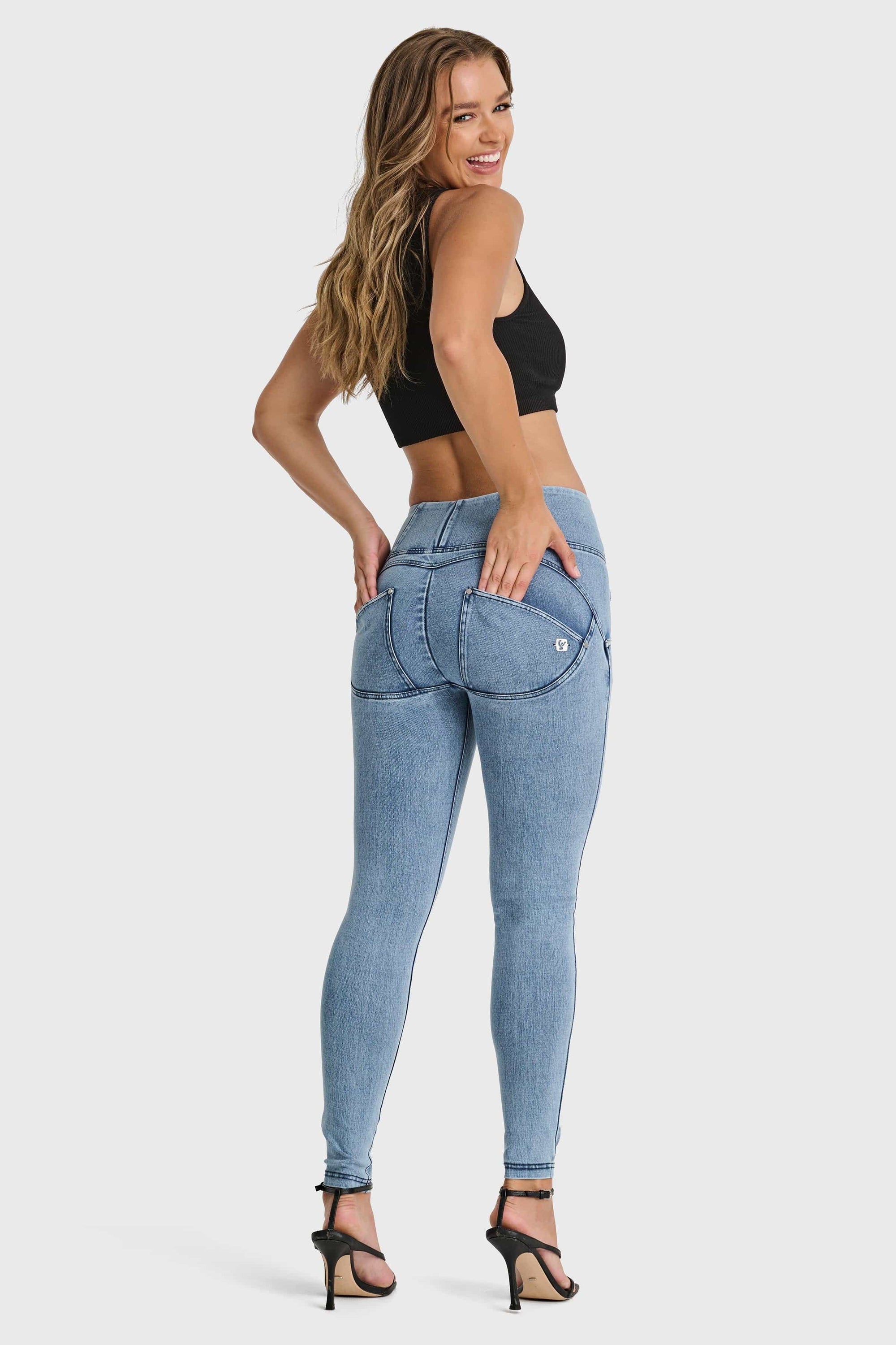 WR.UP® Snug Distressed Jeans - High Waisted - Full Length - Light Blue + Blue Stitching 3