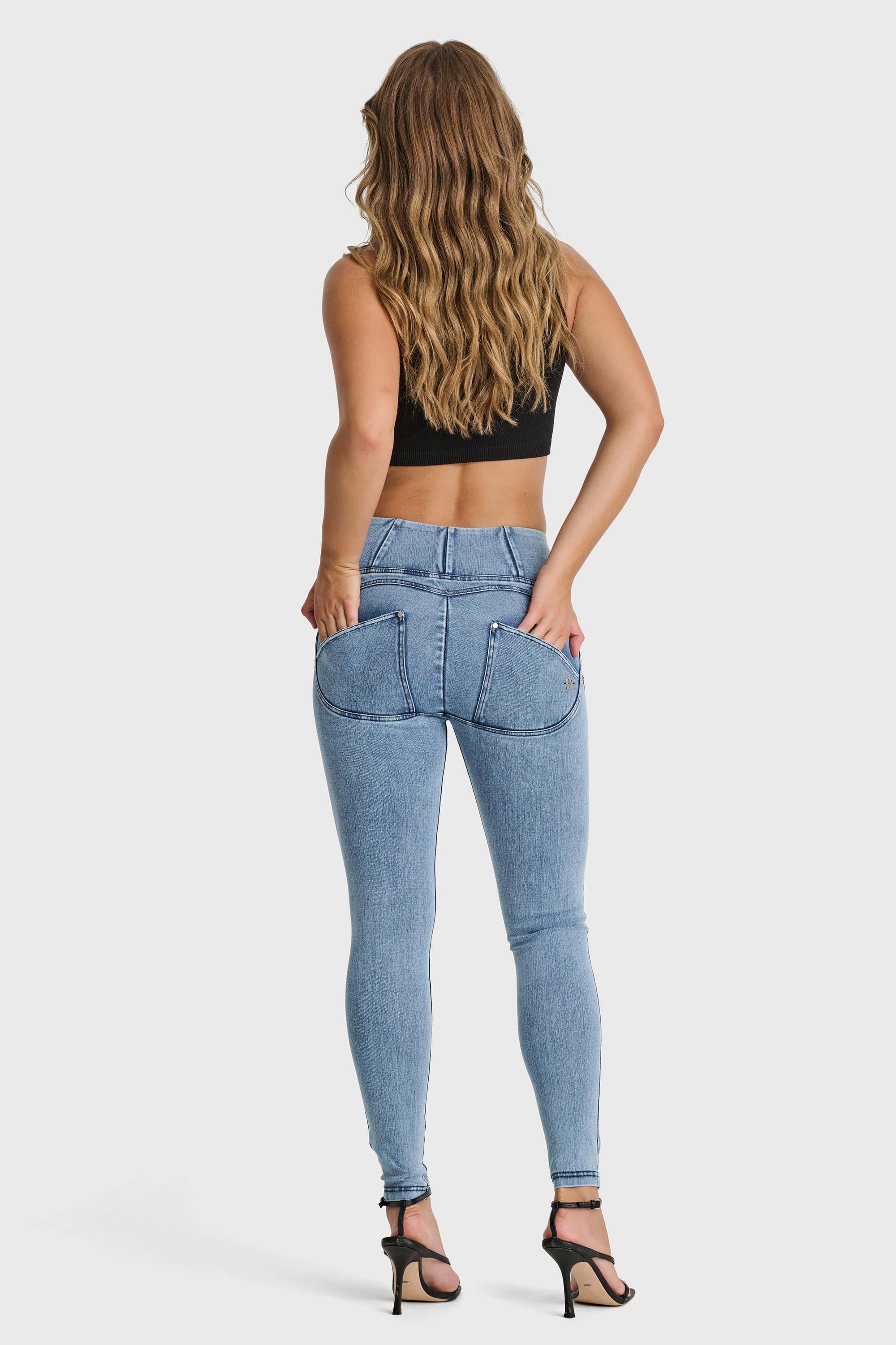 WR.UP® Snug Distressed Jeans - High Waisted - Full Length - Light Blue + Blue Stitching 5