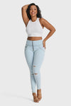 WR.UP® Snug Distressed Jeans - High Waisted - Full Length - Baby Blue + Yellow Stitching 5