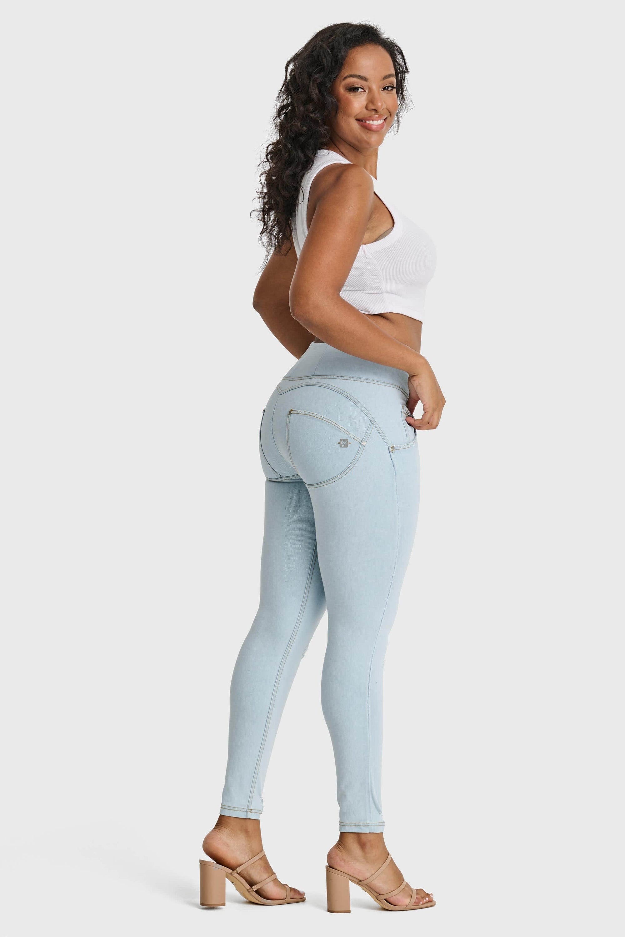 WR.UP® Snug Distressed Jeans - High Waisted - Full Length - Baby Blue + Yellow Stitching 6