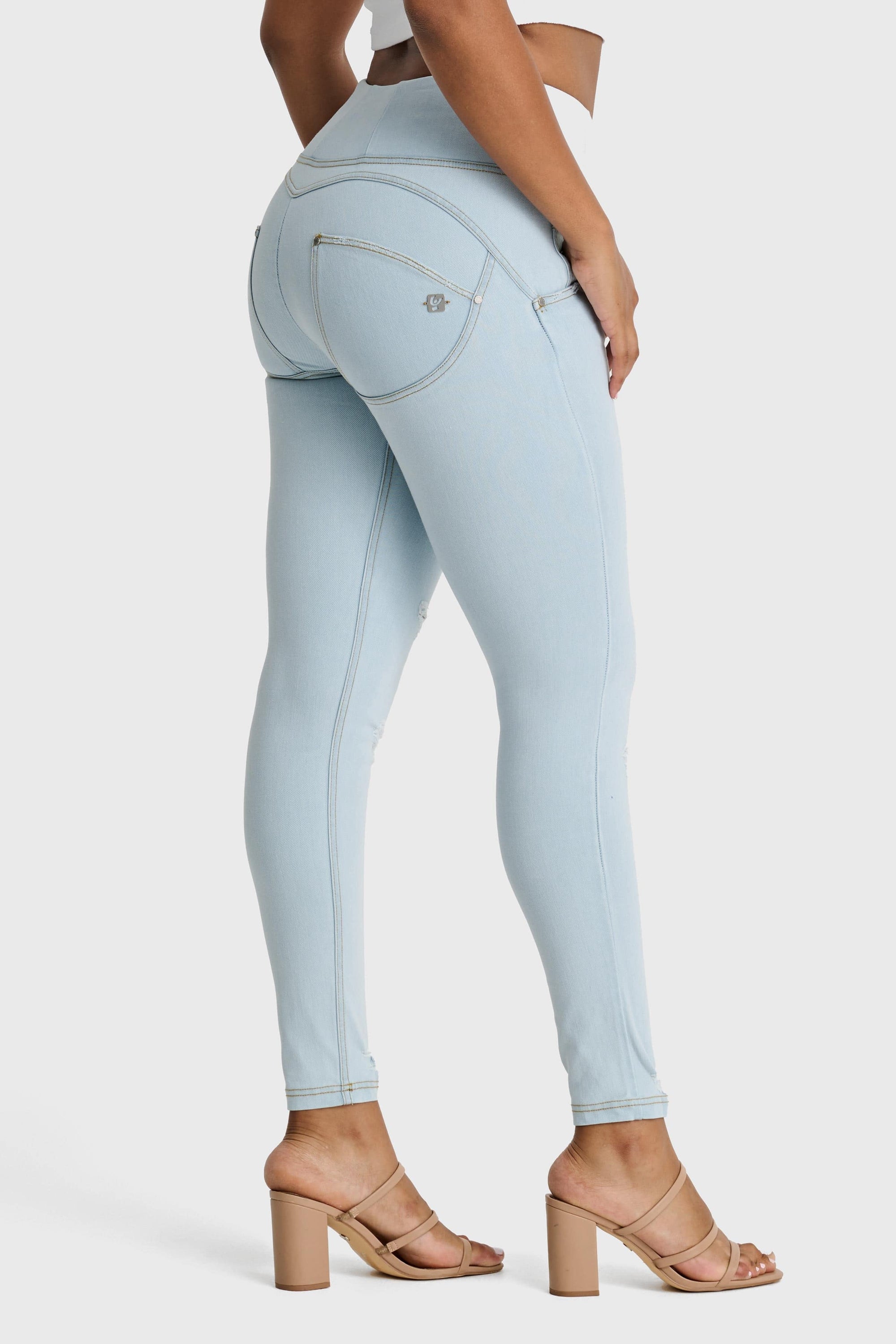 WR.UP® Snug Distressed Jeans - High Waisted - Full Length - Baby Blue + Yellow Stitching 7