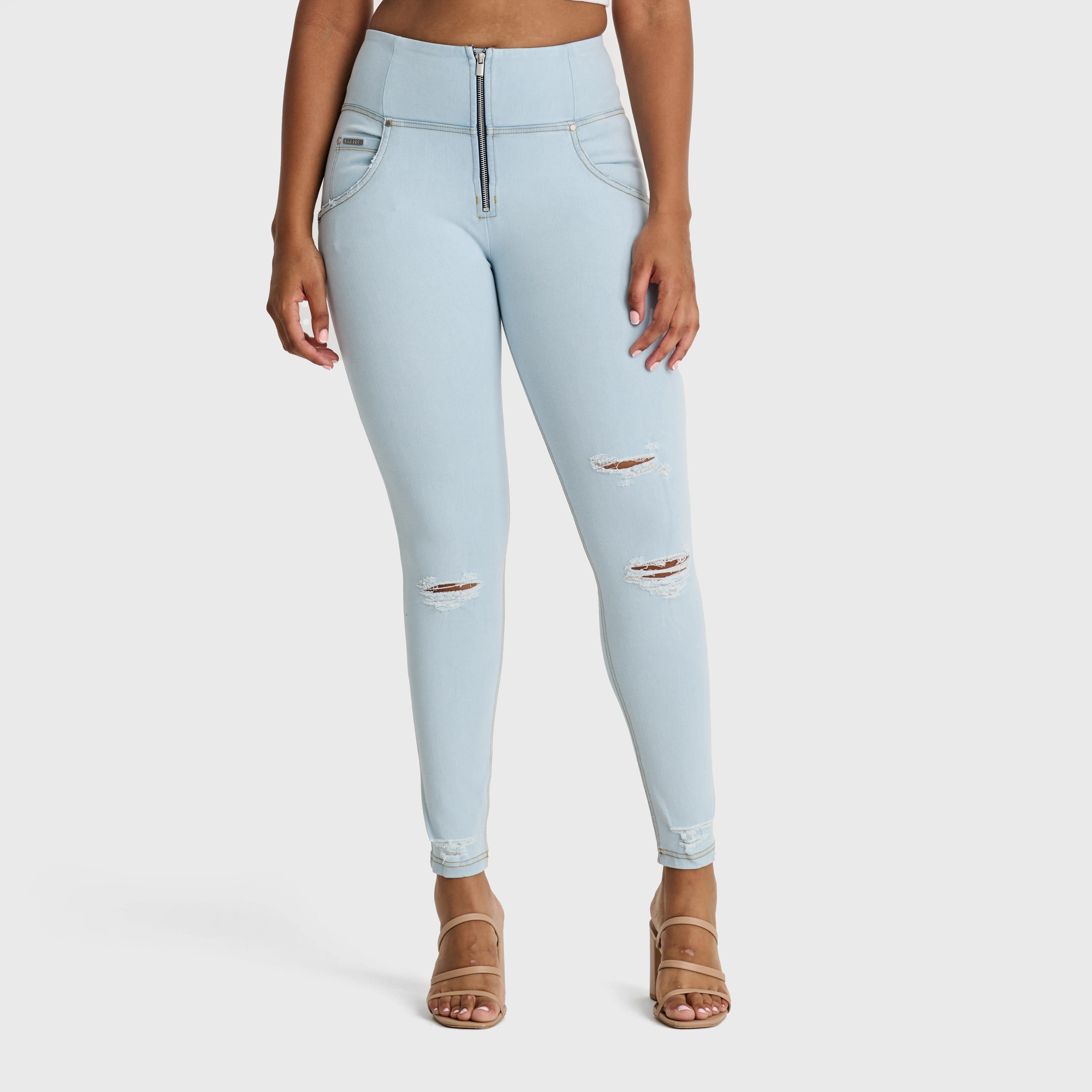 WR.UP® Snug Distressed Jeans - High Waisted - Full Length - Baby Blue + Yellow Stitching 2