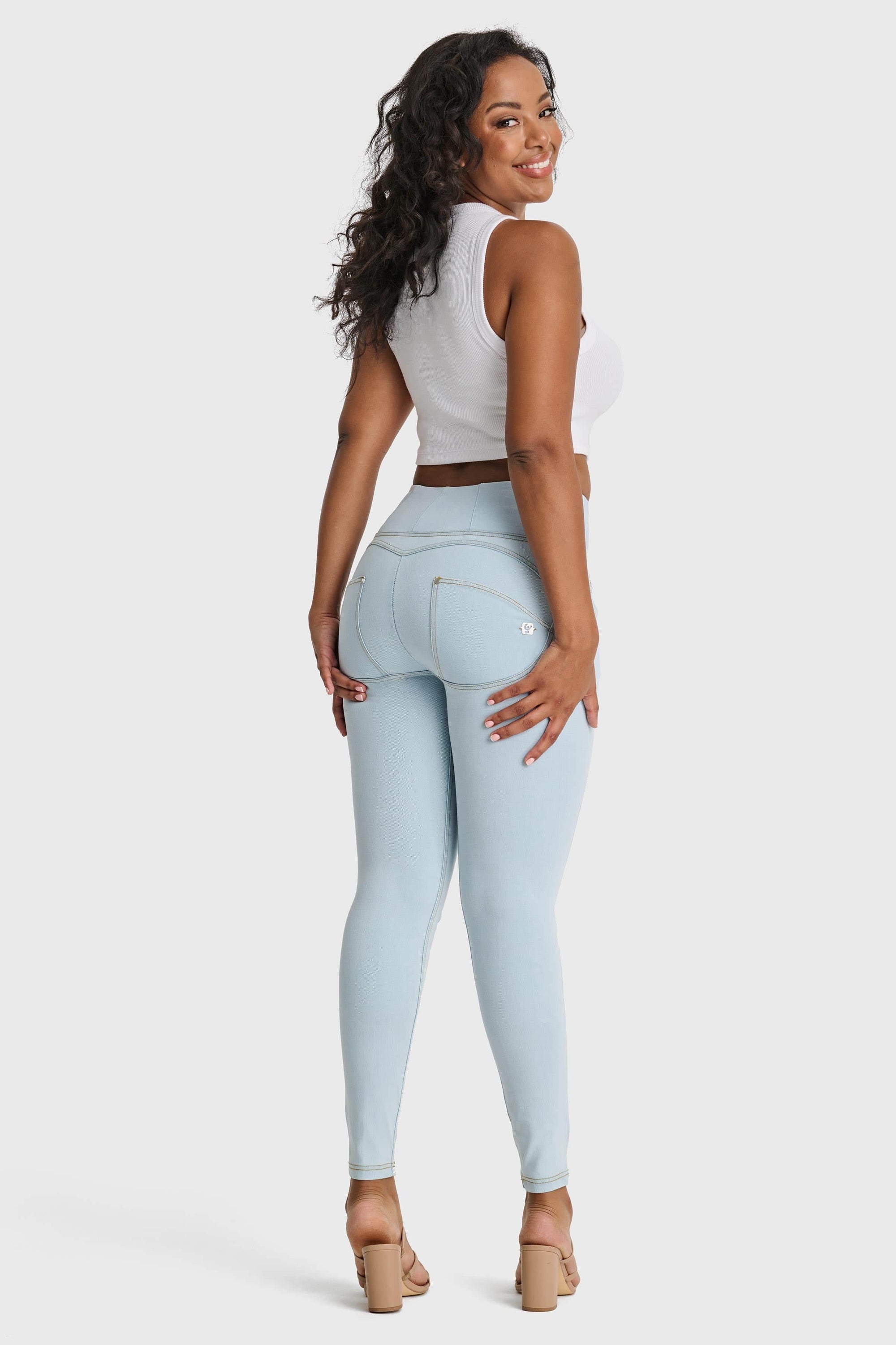 WR.UP® Snug Distressed Jeans - High Waisted - Full Length - Baby Blue + Yellow Stitching 4