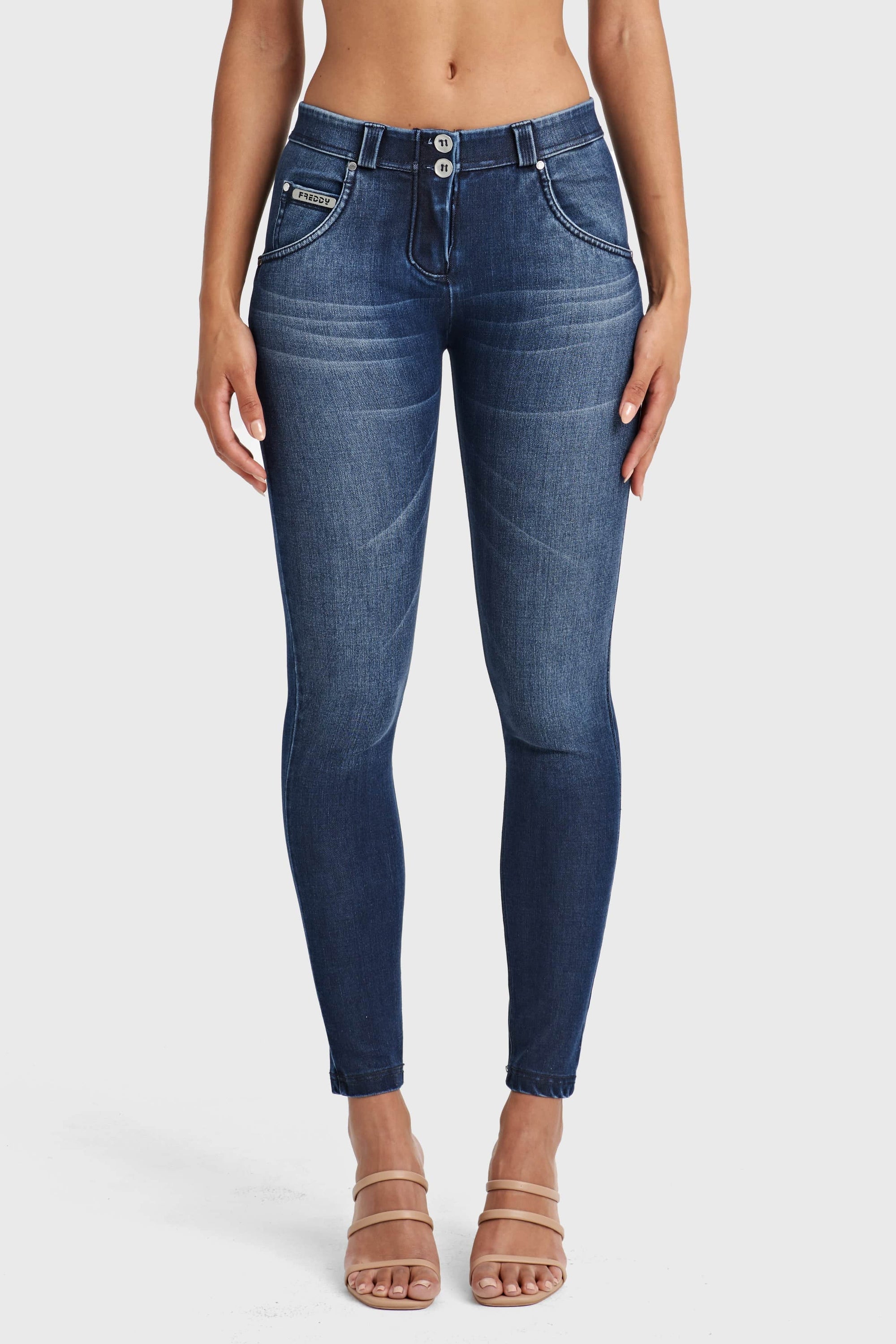 Jeans ajustados WR.UP® - Tiro medio - Largo completo - Azul oscuro + Costuras azules  5
