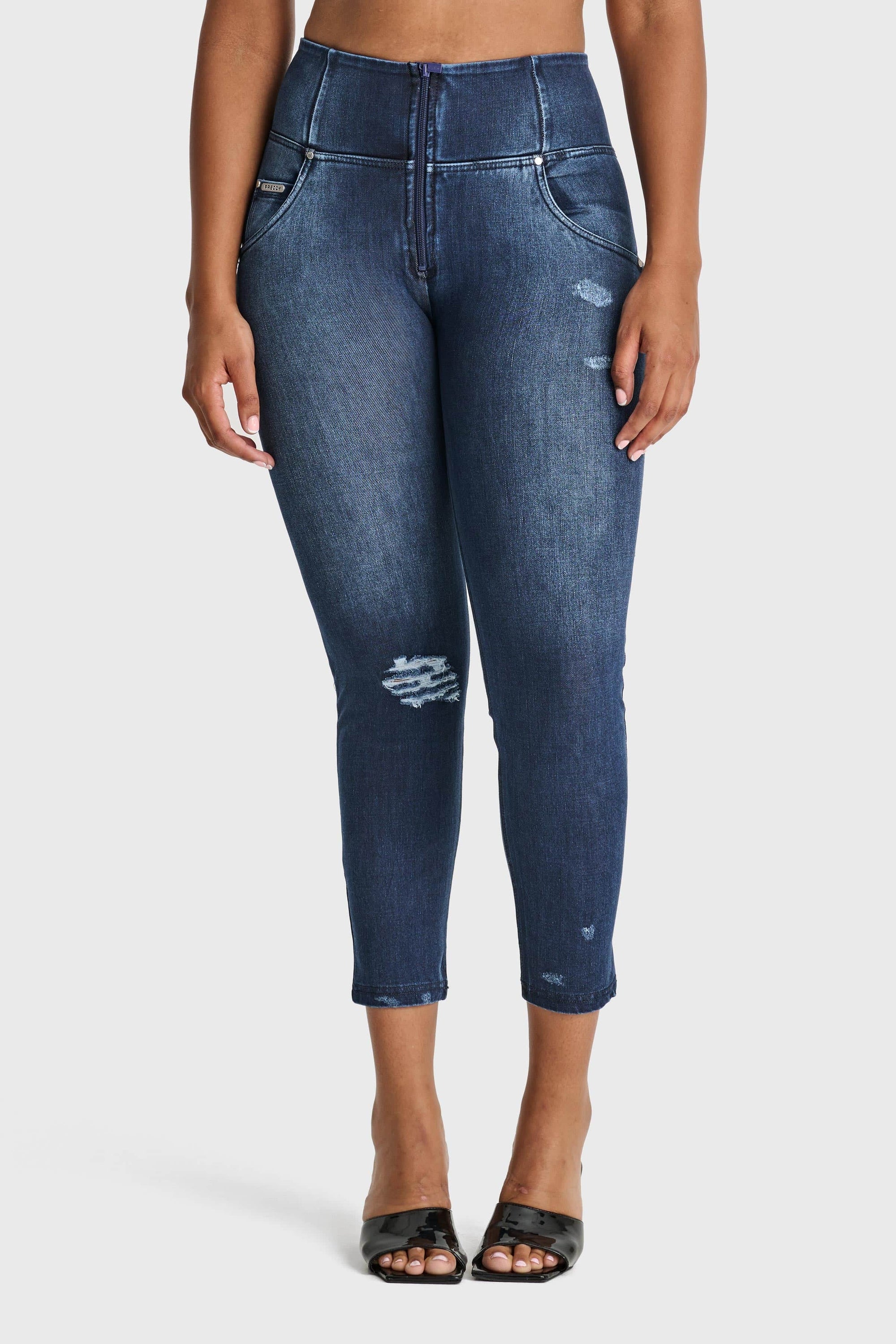 WR.UP® Snug Distressed Jeans - High Waisted - 7/8 Length - Dark Blue + Blue Stitching 8