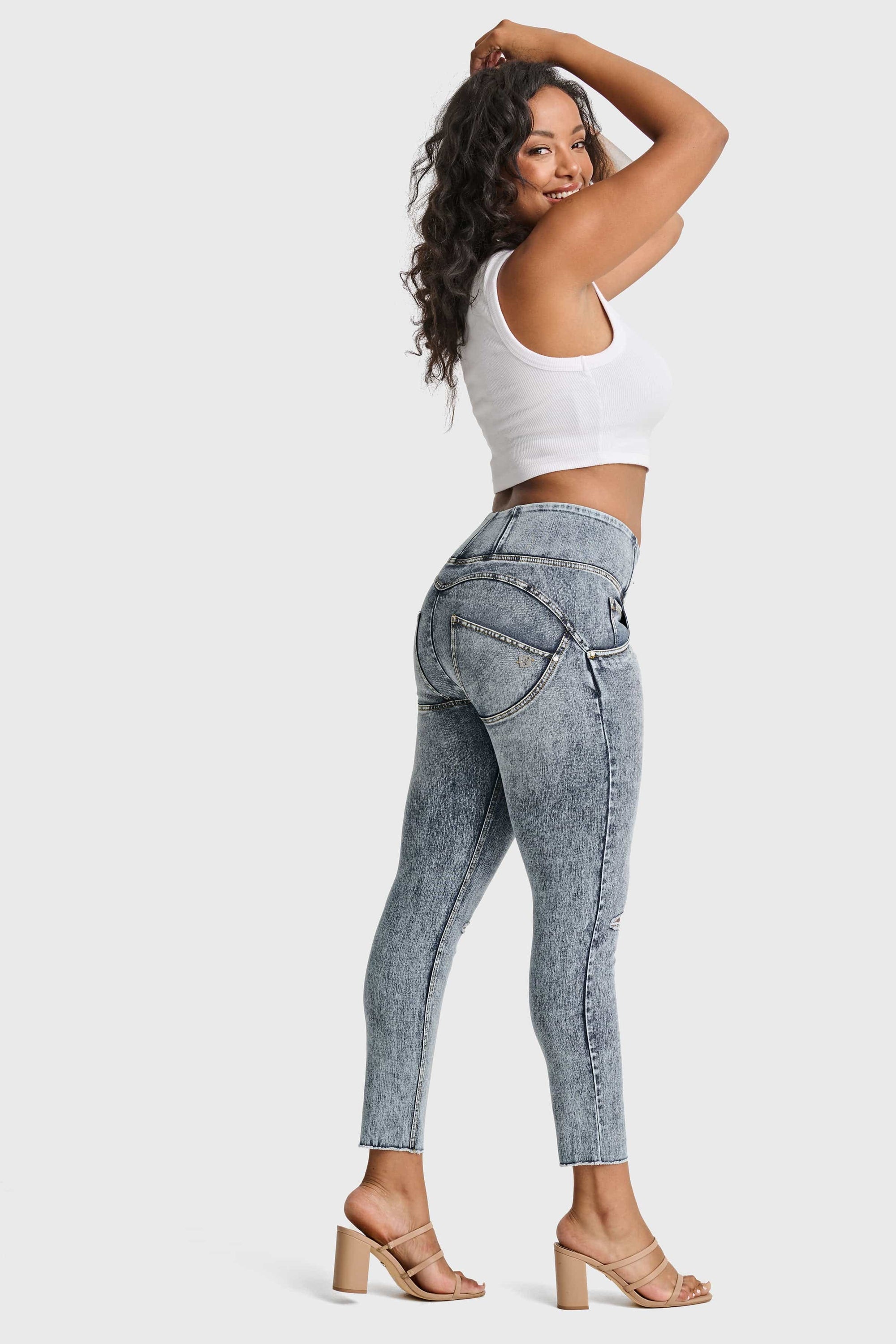 WR.UP® Snug Ripped Jeans - High Waisted - 7/8 Length - Blue Stonewash + Yellow Stitching 4