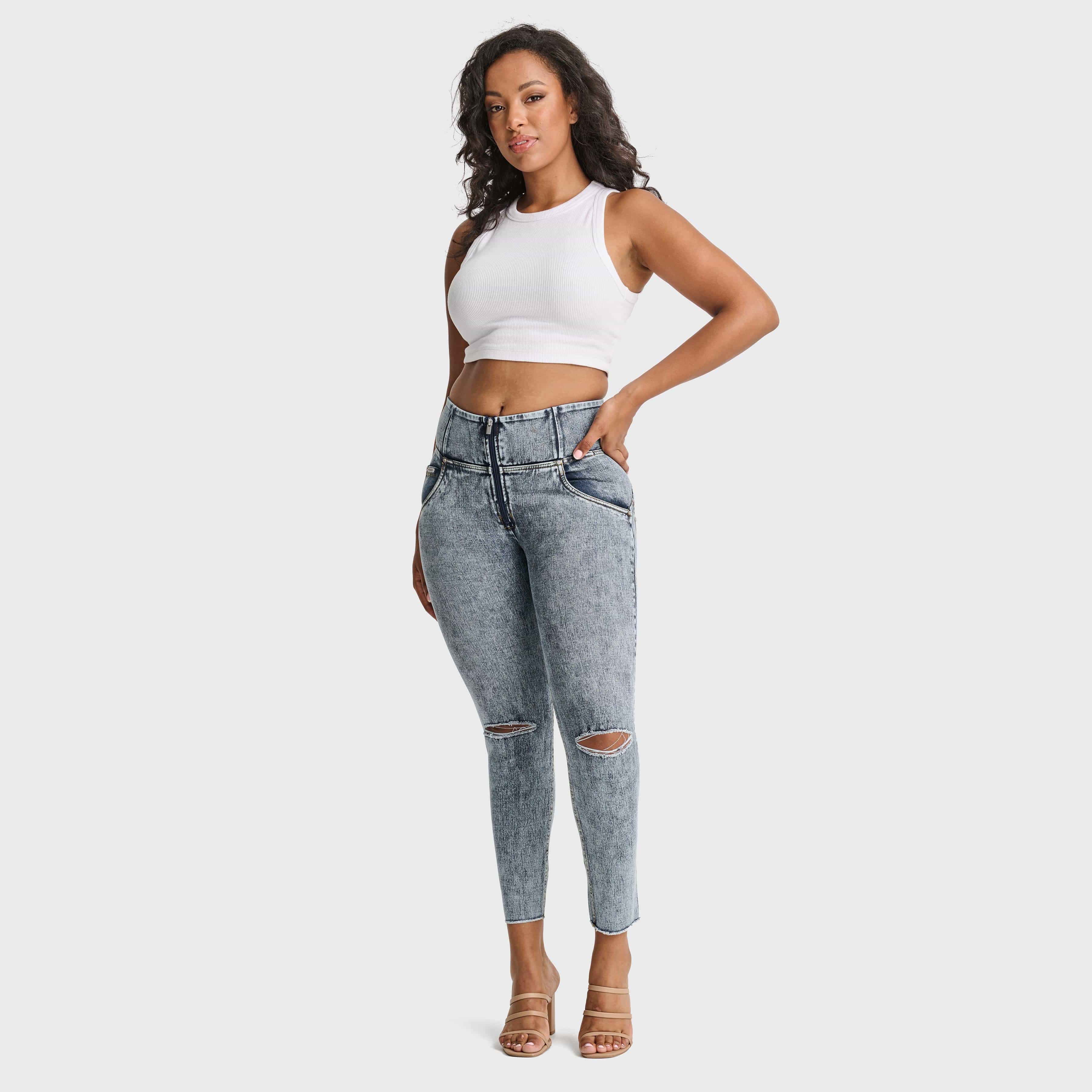 WR.UP® Snug Ripped Jeans - High Waisted - Petite Length - Blue Stonewash + Yellow Stitching 1