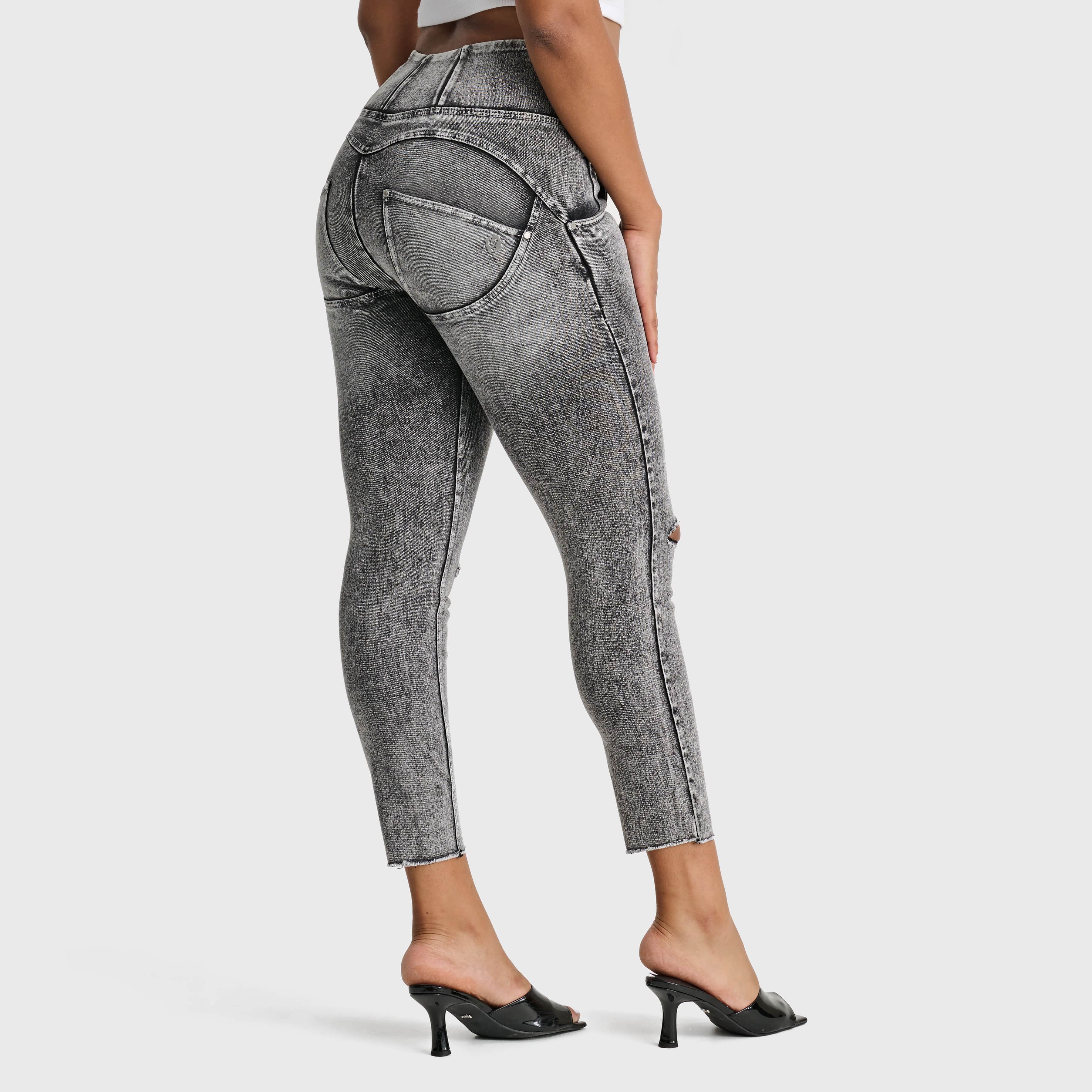 WR.UP® Snug Ripped Jeans - High Waisted - 7/8 Length - Grey Stonewash + Grey Stitching 1