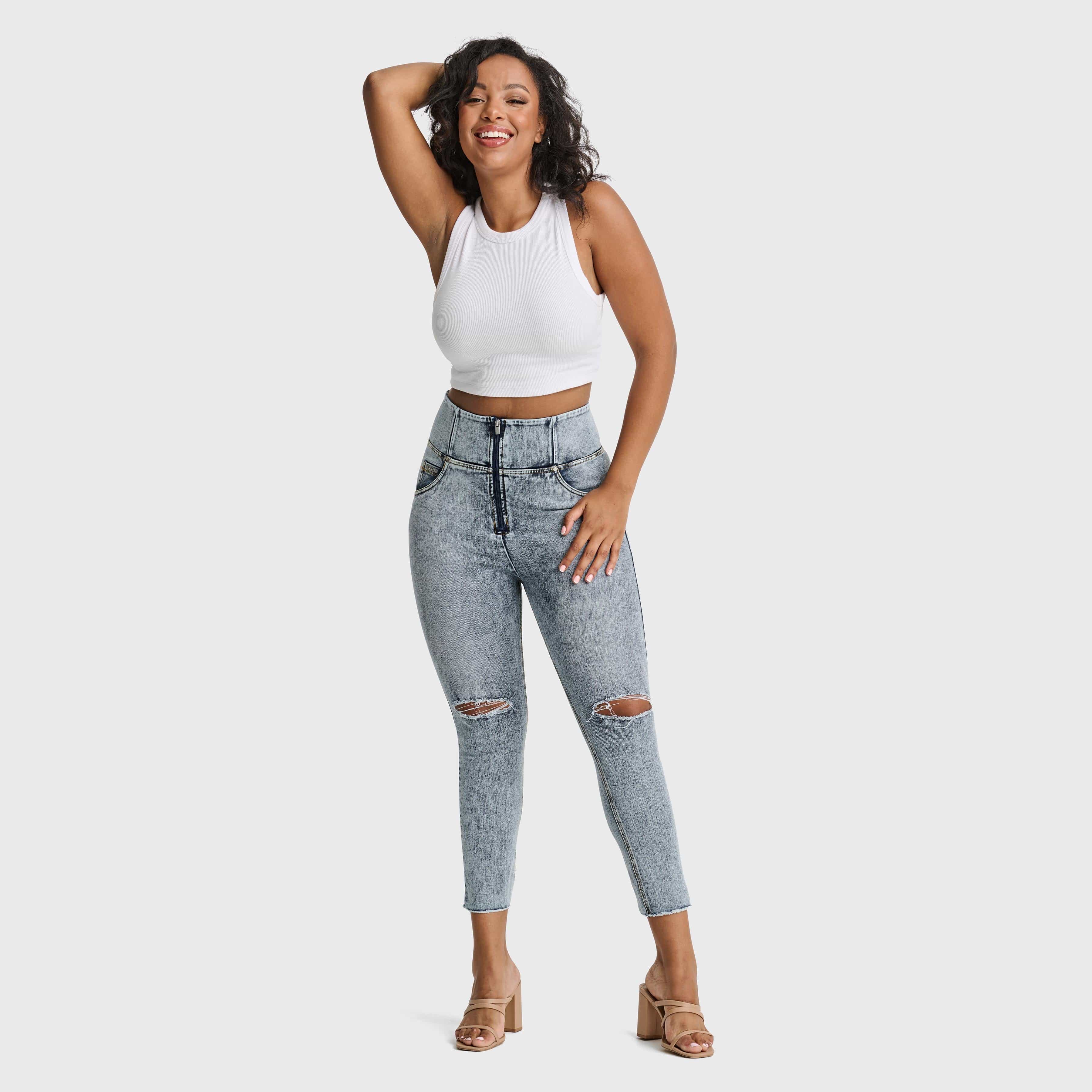 WR.UP® Snug Curvy Ripped Jeans - High Waisted - 7/8 Length - Blue Stonewash + Yellow Stitching 2
