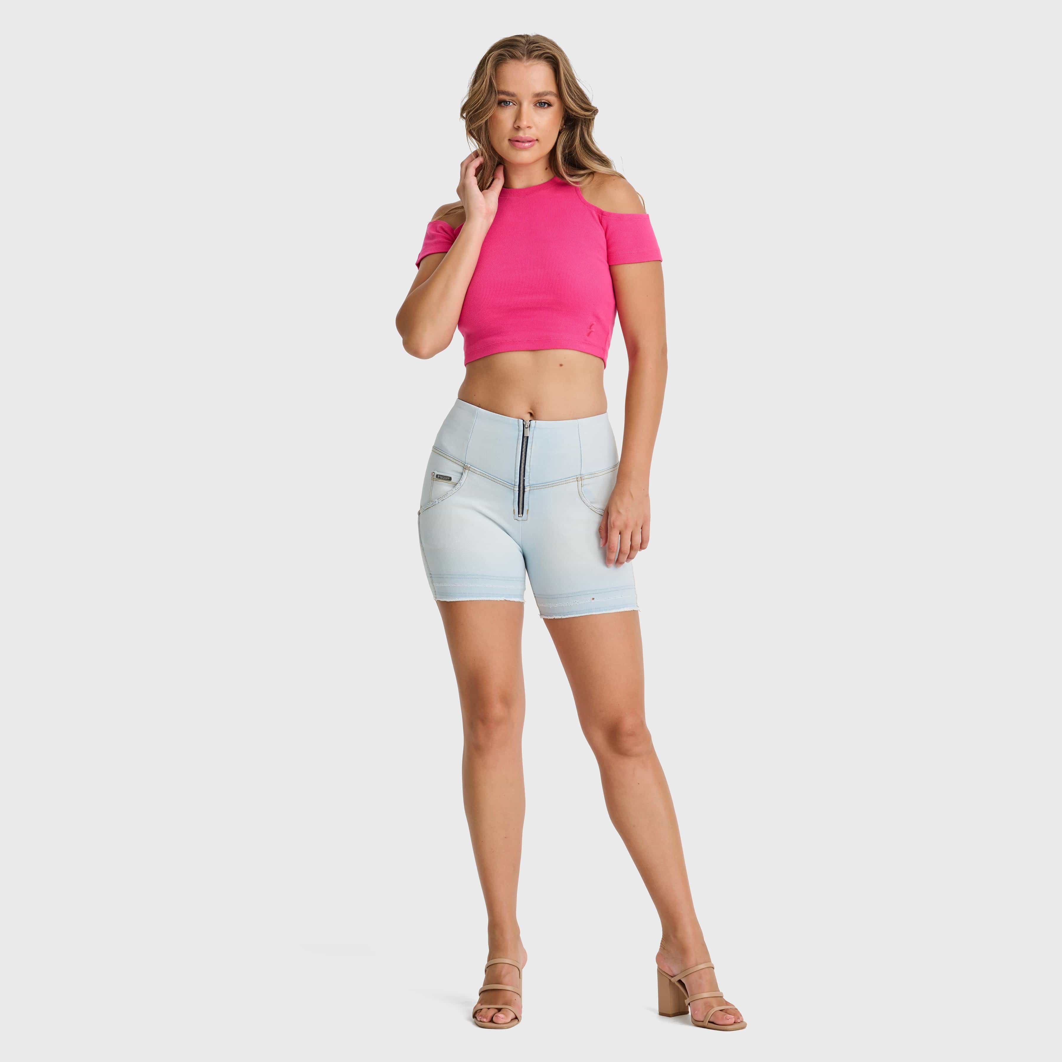 WR.UP® Snug Jeans - High Waisted - Shorts - Baby Blue + Yellow Stitching 3