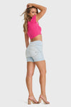 WR.UP® Snug Jeans - High Waisted - Shorts - Baby Blue + Yellow Stitching 2